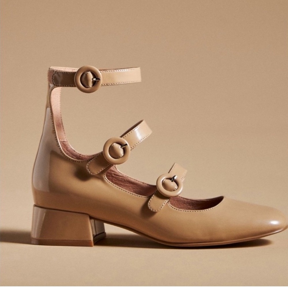Jeffrey Campbell Recital Mary Jane Heels Women 9 Beige NOWT Triple Strap Patent